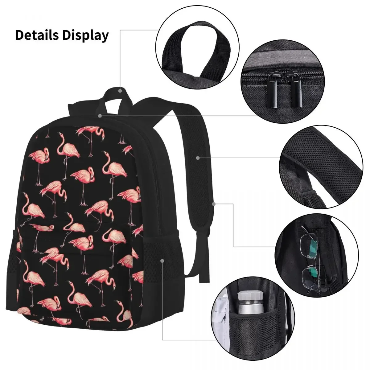 Flamingo Pattern - Black Backpacks Boy Girl Bookbag Children School Bags Cartoon Kids Rucksack Lunch Bag Pen Bag Three-Piece Set