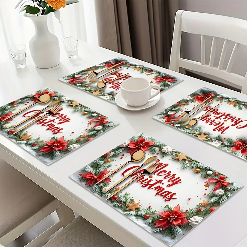 4Pcs Santa And Reindeer Christmas Placemat Waterproof Heat‑resistant Table Mat For Holiday Table Decor