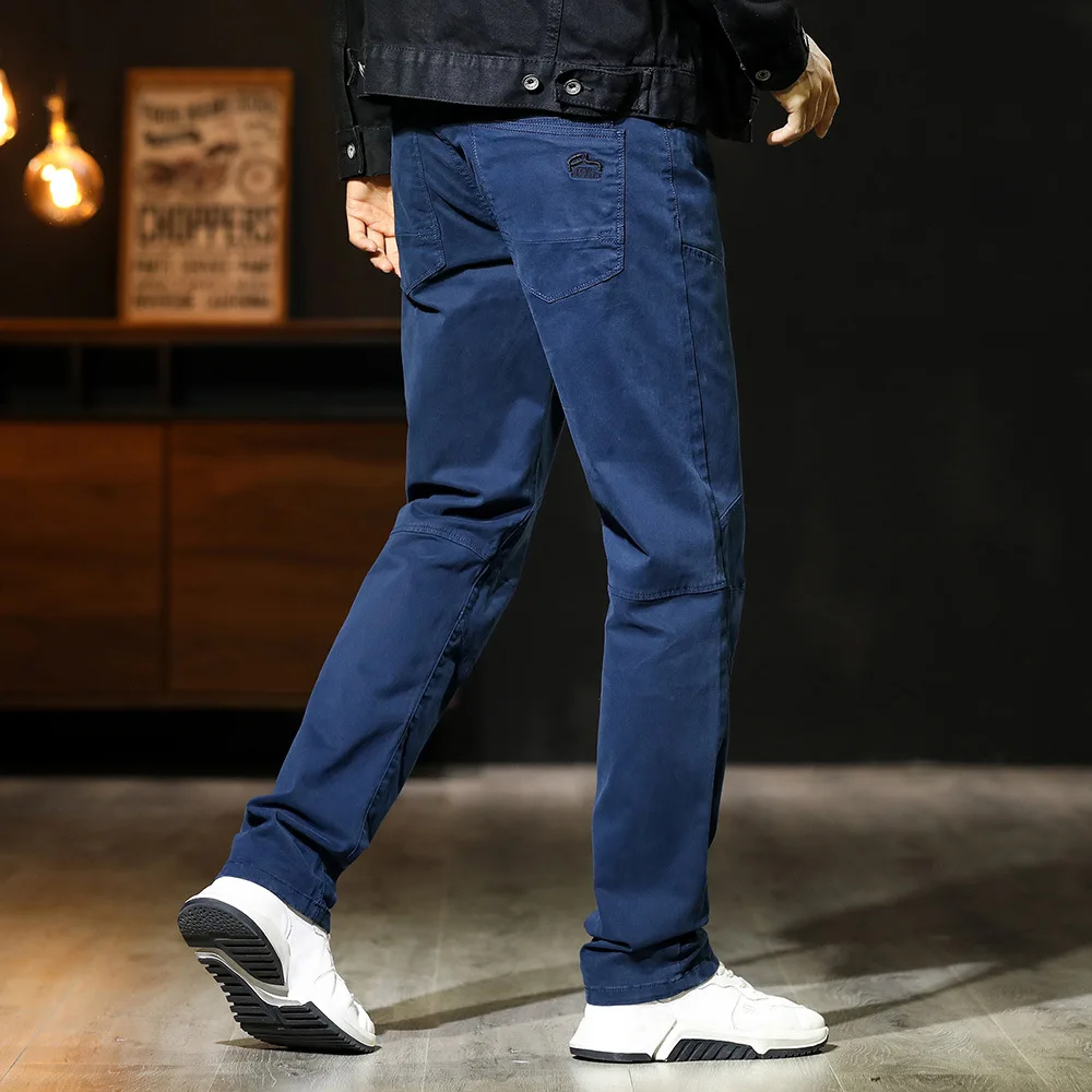 Autumn Casual Pants Solid Color Versatile Cotton Mid Waist Straight Black Gray Blue Trousers For Male Cotton Loose Work Pants