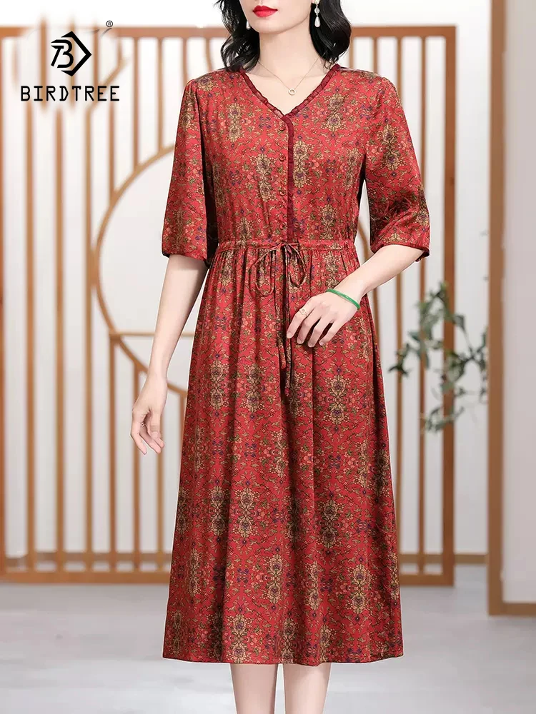 BirdTree 93%Real Silk Elegant Dress For Women, Half Sleeve Lace-up, Printed Commute Temperament Dresses, 2024 Summer  D42257QC