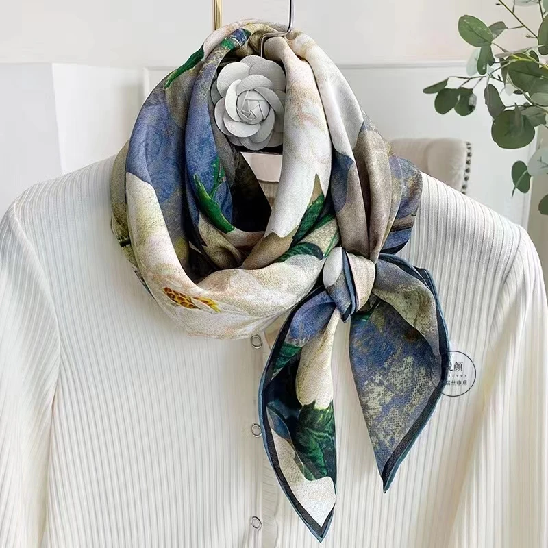 Chinese Rose 100% Silk Blue White Ladies\'s Scarves Dufanda Fall Winter Long Scarves Shawls Fashion Brand Silk Scarf Echarpes