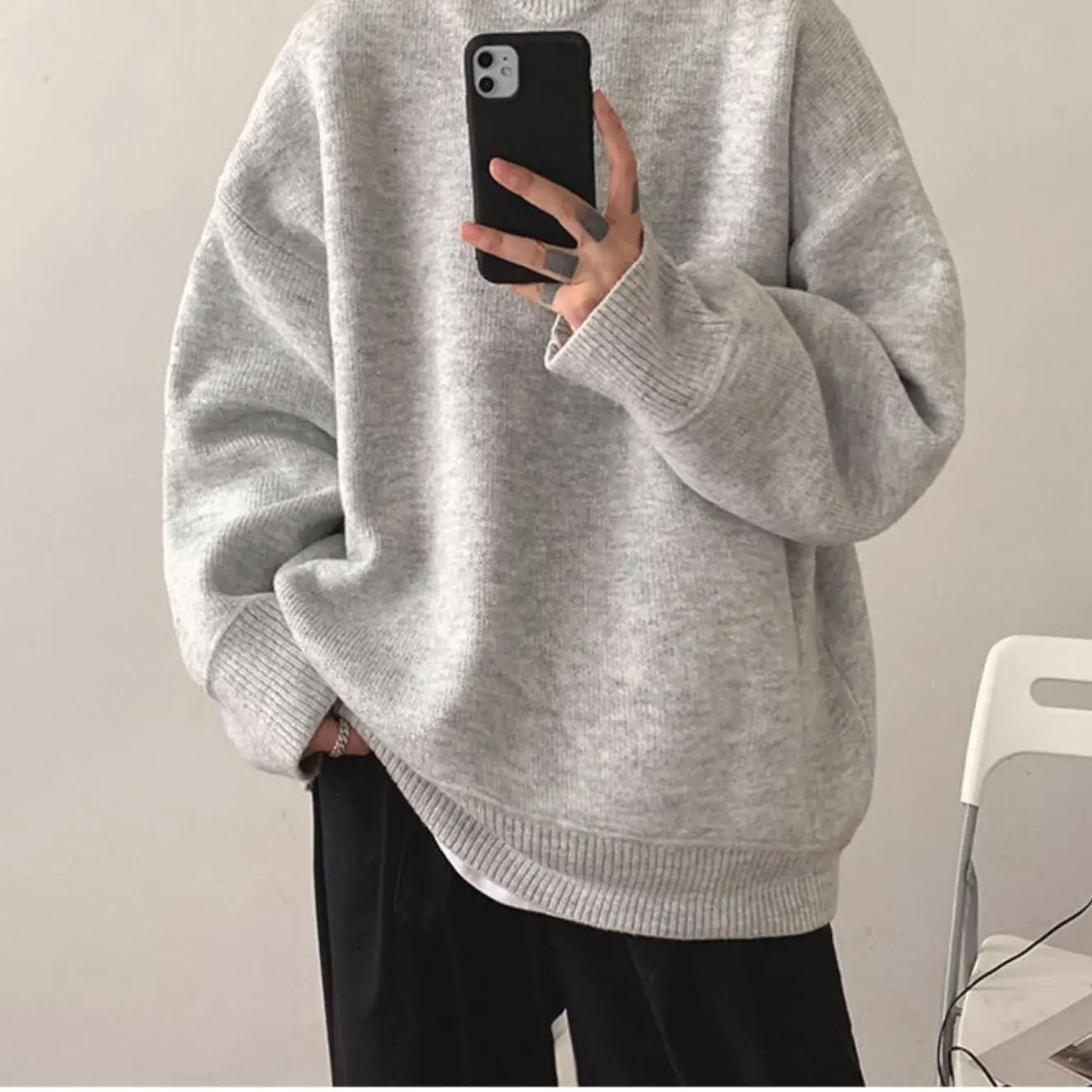 Fashionable Korean Personalized Half Turtleneck Sweater Men Winter Lazy Pullover Handsome Simple Y2K Inner Layering Shirt Top