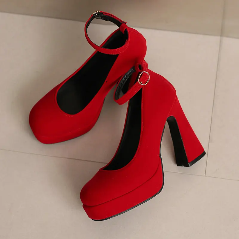 Rebanho falso camurça couro marrom vermelho plataforma senhora madura primavera outono sapatos grossos saltos altos carreira de escritório retro mary janes bombas