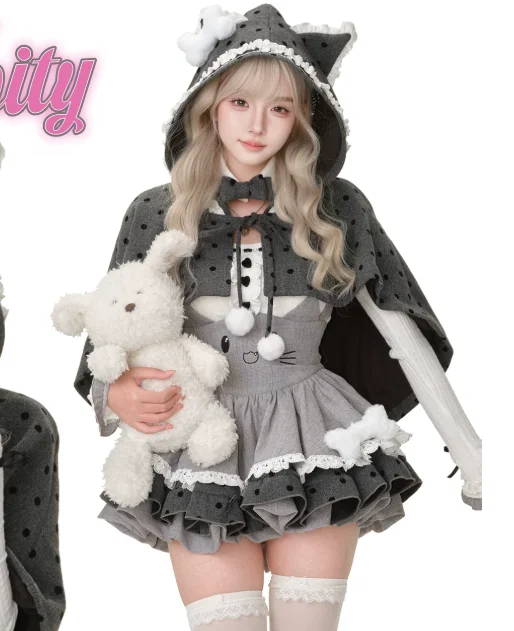 Subculture Sweet Cute White Long Sleeve Square Neck Bow Tie Knit Top Gray Girl High Waist A-line Suspender Skirt Versatile Cape