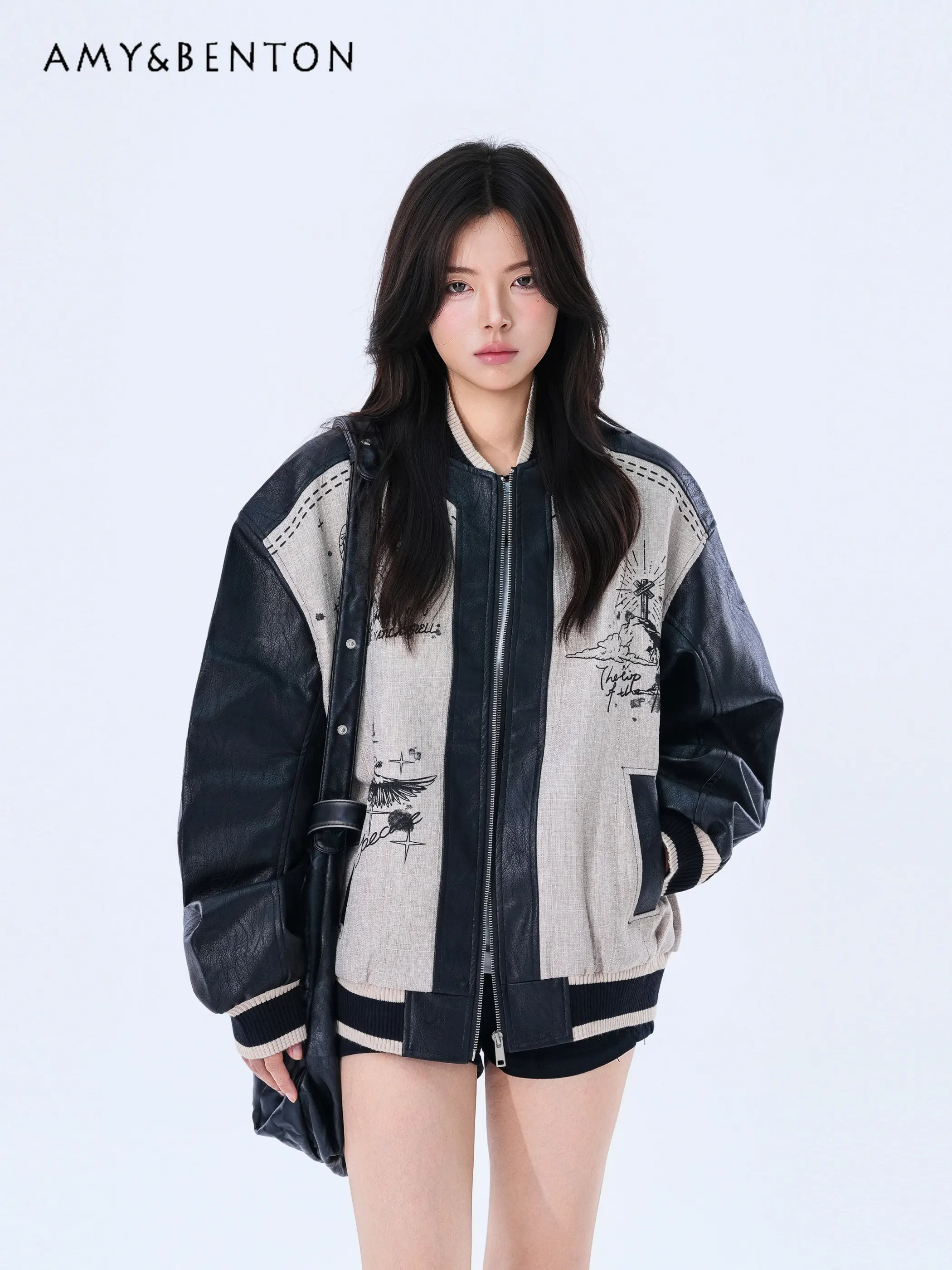

Spring Autumn American High Street Locomotive Style Women's Loose Casual Versatile Printed Black PU Leather Splicing Jacket