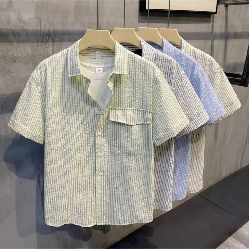 2024 New Summer High-end Contrasting Color Loose Casual Fashion Lapel Pocket Stripes Simple and Versatile Short Sleeved Shirt