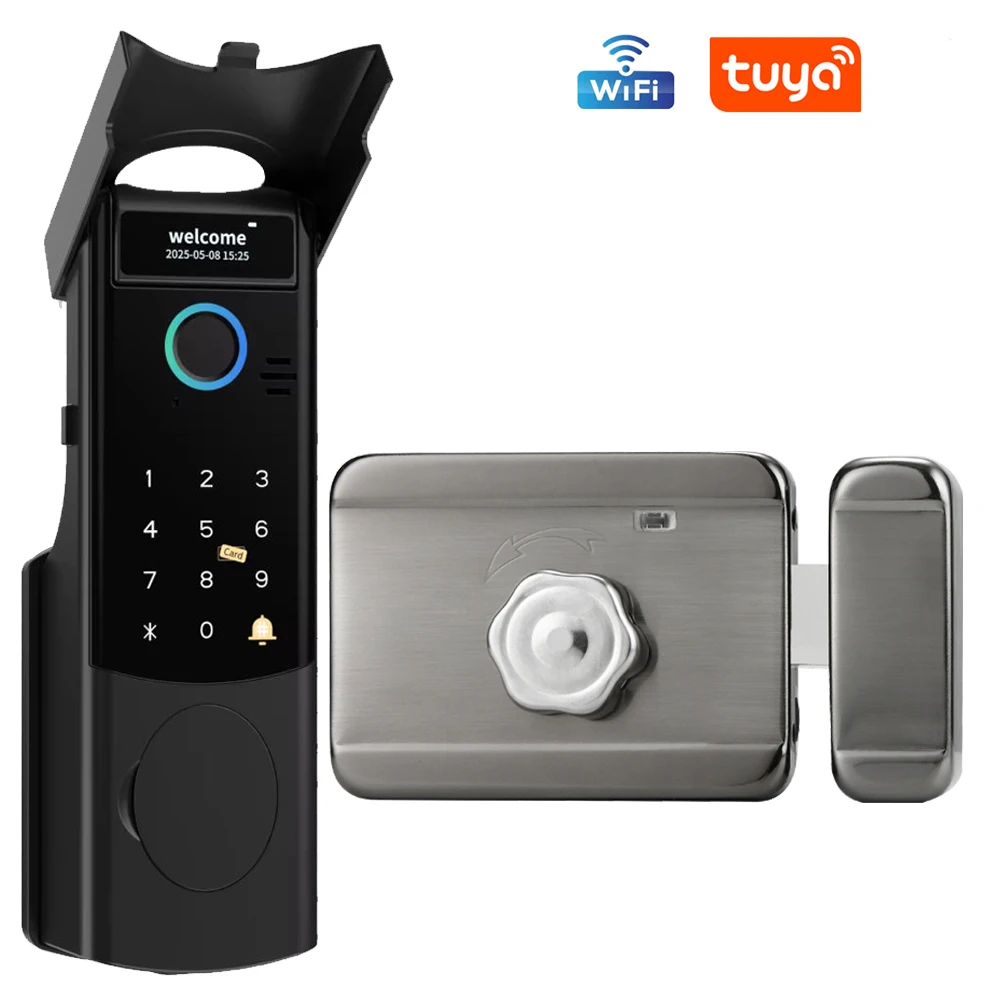 WiFi Smart Lock Facial Fingerprint Password Card Key Unlocking Electronic Door Lock Suitable for Wooden Doors Support Tuya App