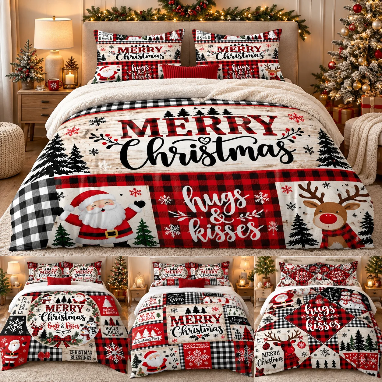 2D Duvet Cover Set Red and Black Plaid Snow Scene Christmas Theme, Merry Christmas Ultra Soft Brushed Bedding 3 Piece Set for Bedroom Hotel