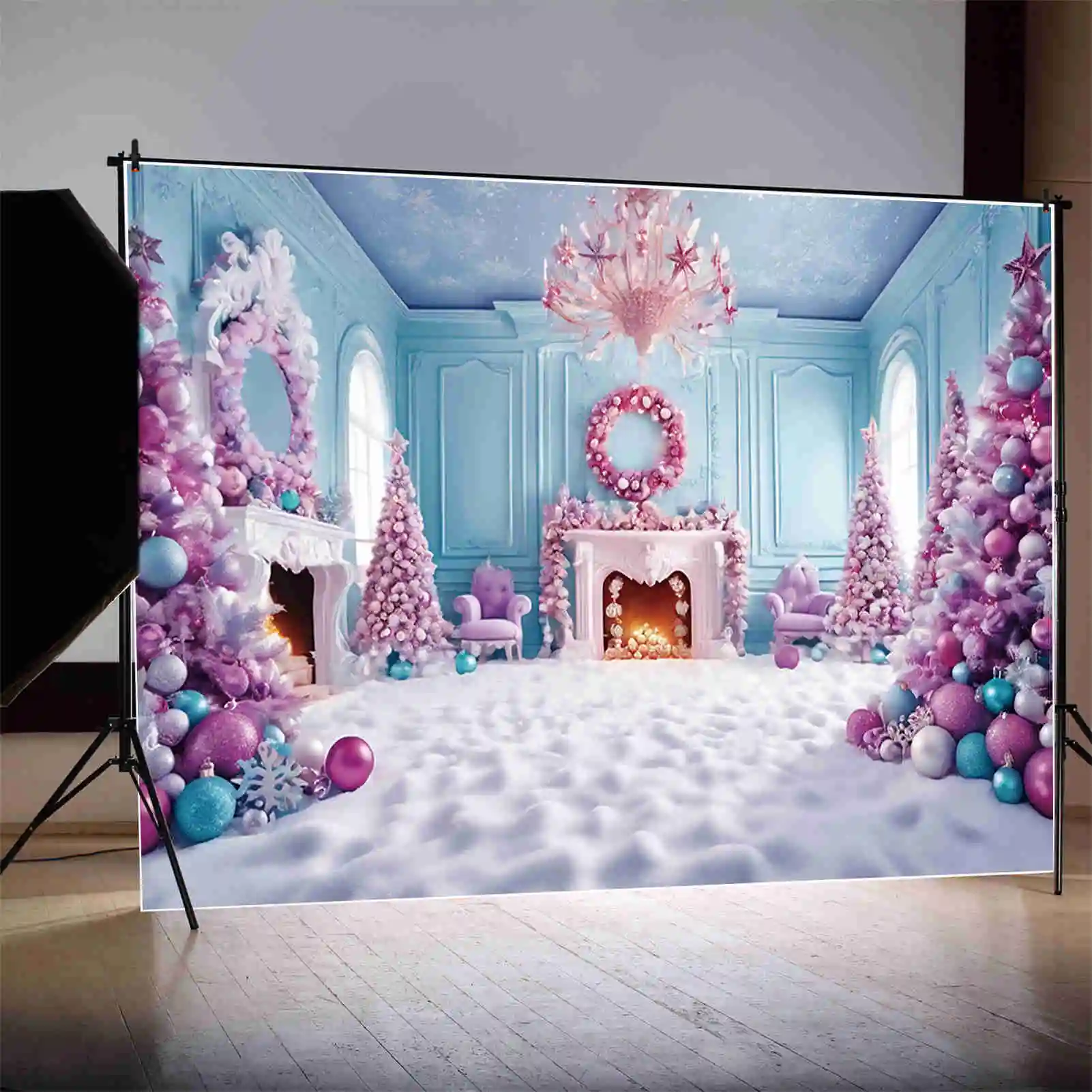 MOON.QG 크리스마스 퍼플 핑크 크리스마스 트리 배경, 어린이 2024 서양식 거실 배경, 파티 사진 용품