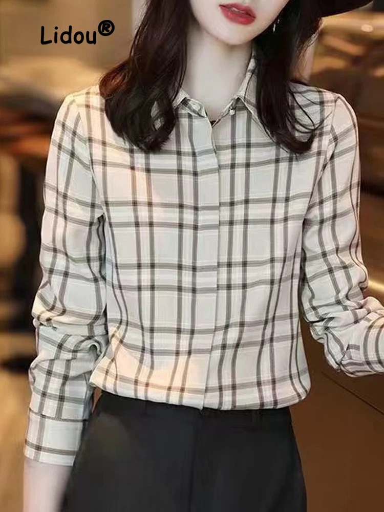 

Casual Office Lattice Single-breasted Blouse Women New High-quality V-Neck Long Sleeve Fashion All-match Temperament Shirt 2022