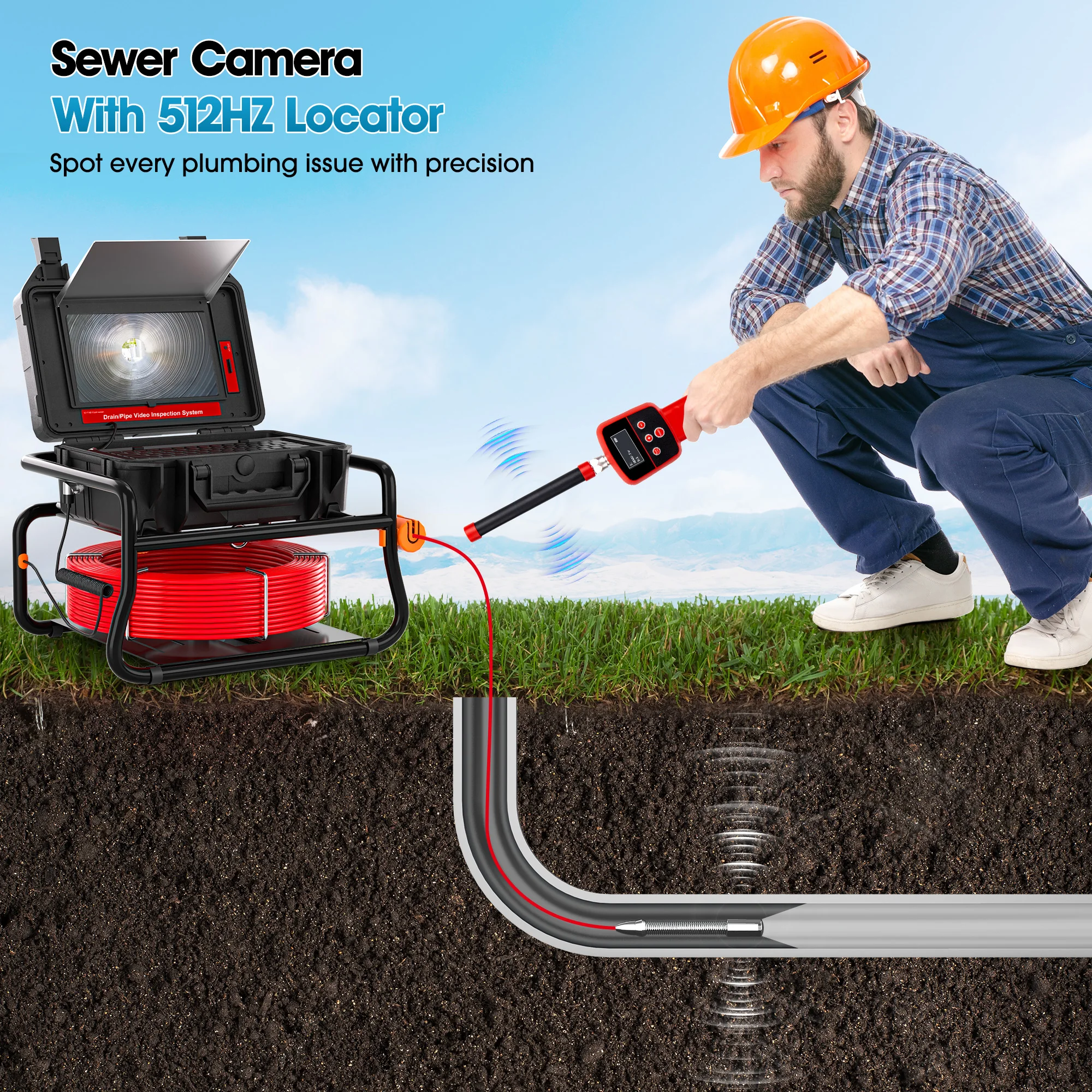 

10.1Inch Touch Screen Sewer Camera With Locator Self-Leveling 512HZ Transmitter Waterproof 16GB SD Card Pipe Inspection Camera