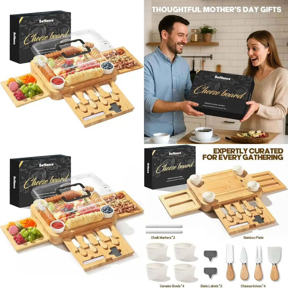 

Portable Bamboo Charcuterie Board with Lid and Handle, Travel-Friendly Snack Box, 3-Drawer Cutting Board for Parties and Picnics