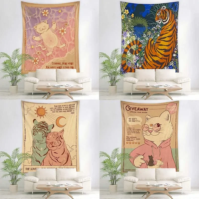 Cute Cat and Tiger Tapestry Office Living Room Tapestry Home Wall Decoration Tapestry