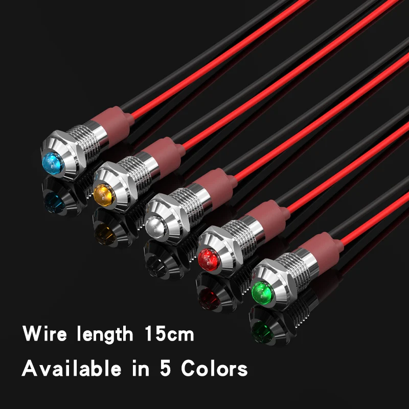 8mm Metal Ball Head Convex Indicator Light With Wire Waterproof Signal Lamp Red Green Yellow Blue White 3V 6V 24V 220V
