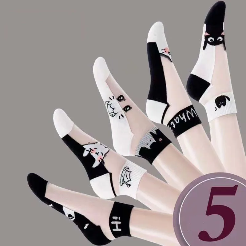 5 paia di calzini estivi con volant per donna calzini corti femminili traspiranti in seta gatto bianco nero set di calzini semplici e carini in pizzo da donna 2025