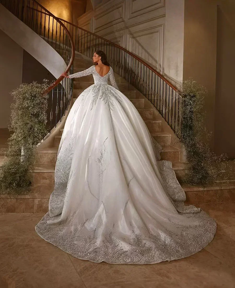Customized Luxury Sweetheart Satin Wedding Dress Prom Dresses Lace Long Sleeve Pearl Transparent Collar Wedding Dress