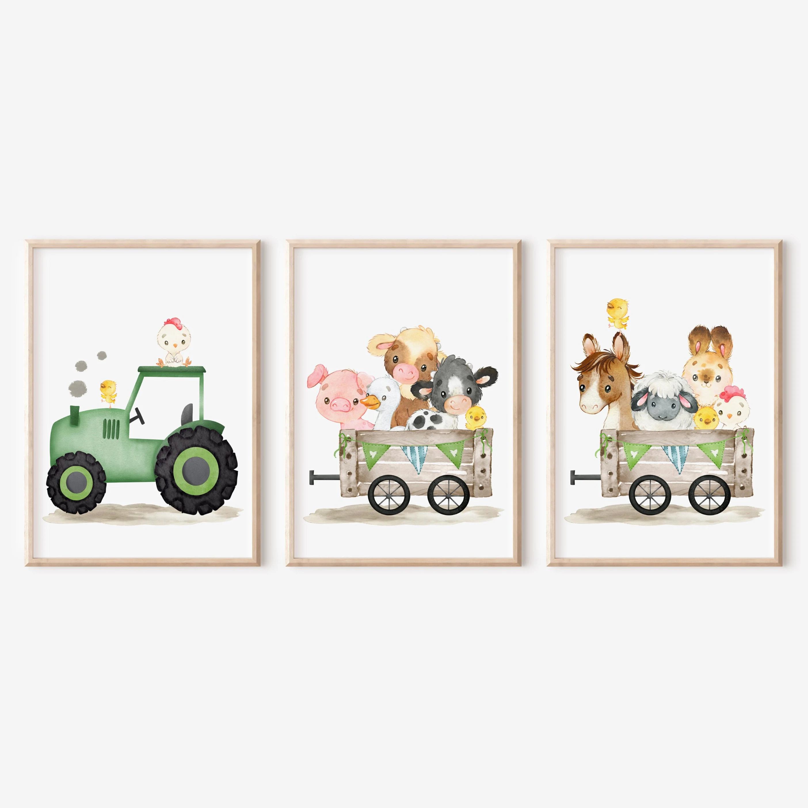 3PCS Farm Tractor Animal Canvas Print, Cute Watercolor Cartoon Art For Kids Nursery Wall Decoration