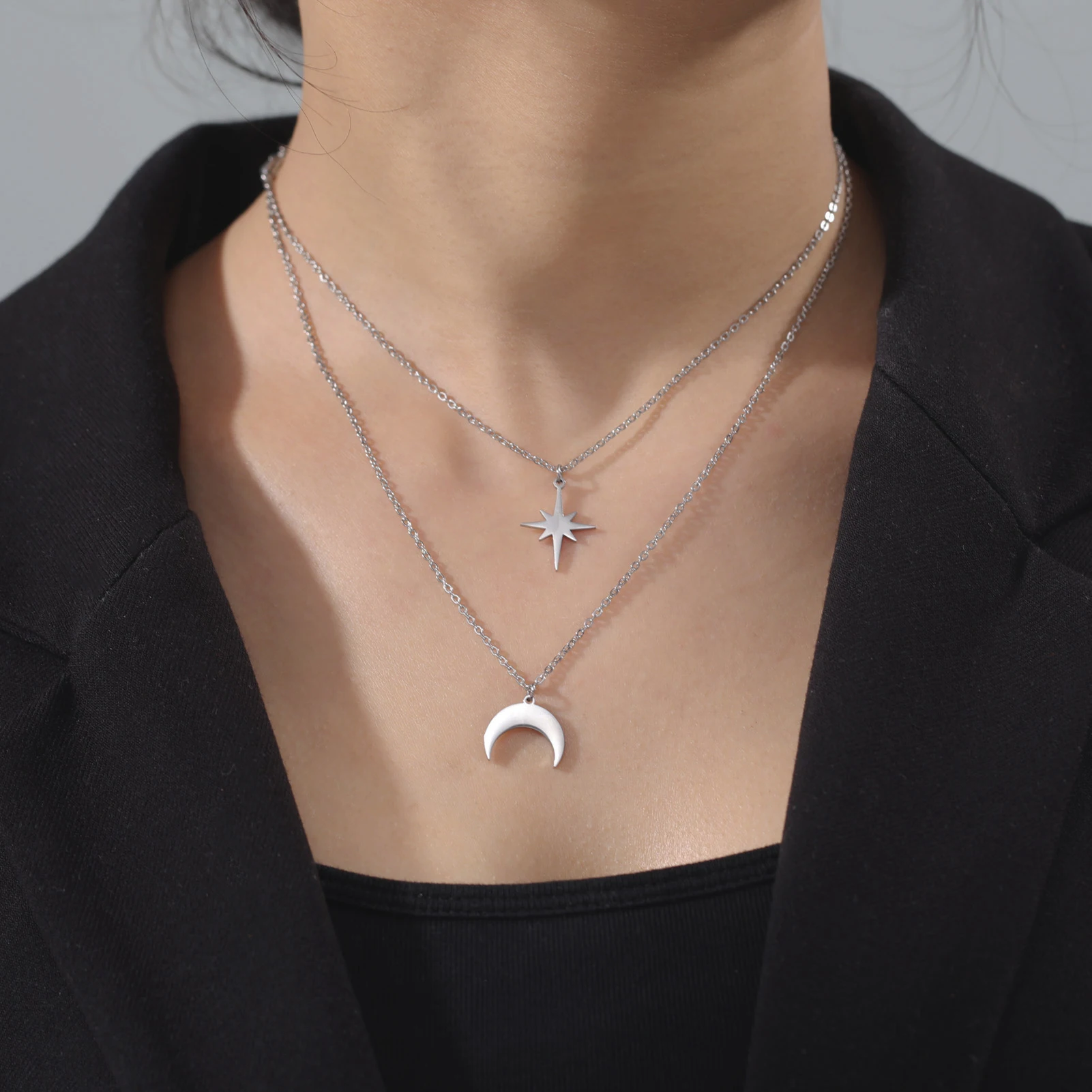 Skyrim Boho North Star Moon Pendant Necklace Stainless Steel Double Layer Clavicle Necklaces Kpop Jewelry Gift for Women Girls