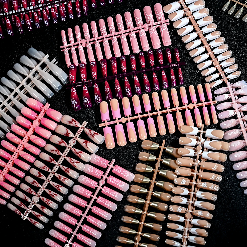 120szt Akrylowe Francuskie Sztuczne Paznokcie Kwadratowe Migdałowe Fałszywe Tipsy dla Kobiet Pełna Osłona Zdejmowane Mieszane Rozmiary Press On Nails