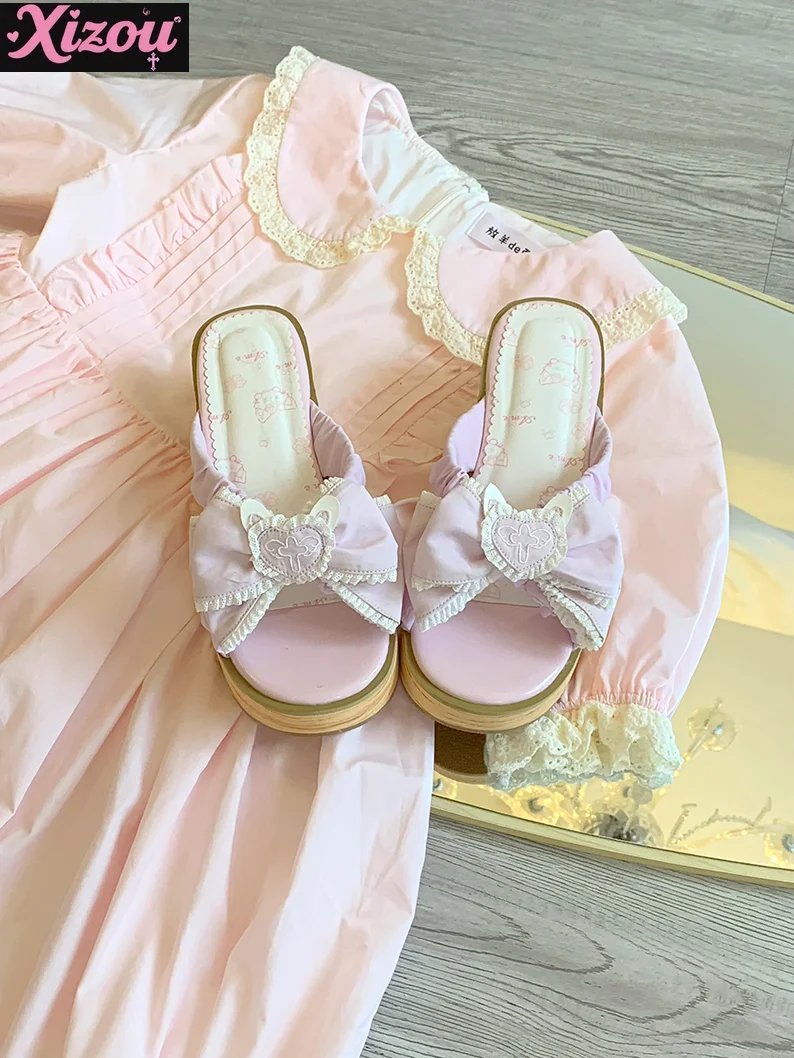 Summer Japanese Girl Wind and Wind Lolita Bow Love Sandals Women Sweet and Cute Kawaii Platform Wood Grain Bottom Sandals Female