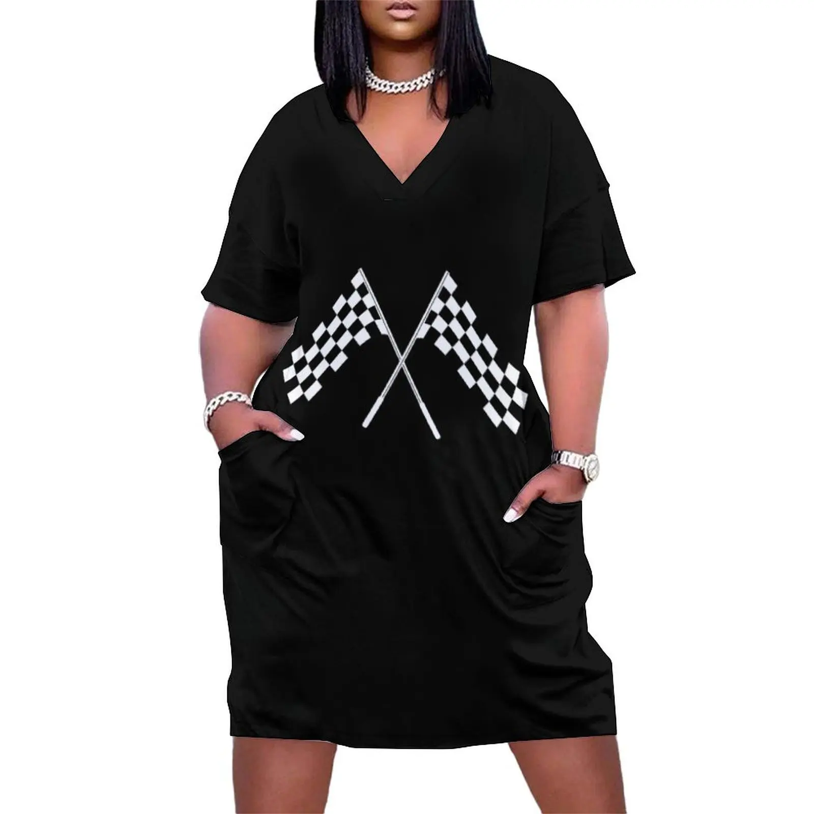 

Crossed waving black and white checkered flags in black cirkle Loose Pocket Dress Bride dresses evening dresses women