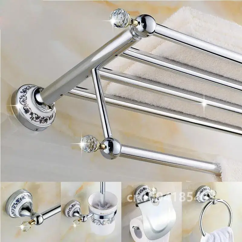 European Antique Blue and White Porcelain Chrome Finish Bathroom Hardware Set Silver&Crystal Towel Rack Bar Hook Basket Rack 5