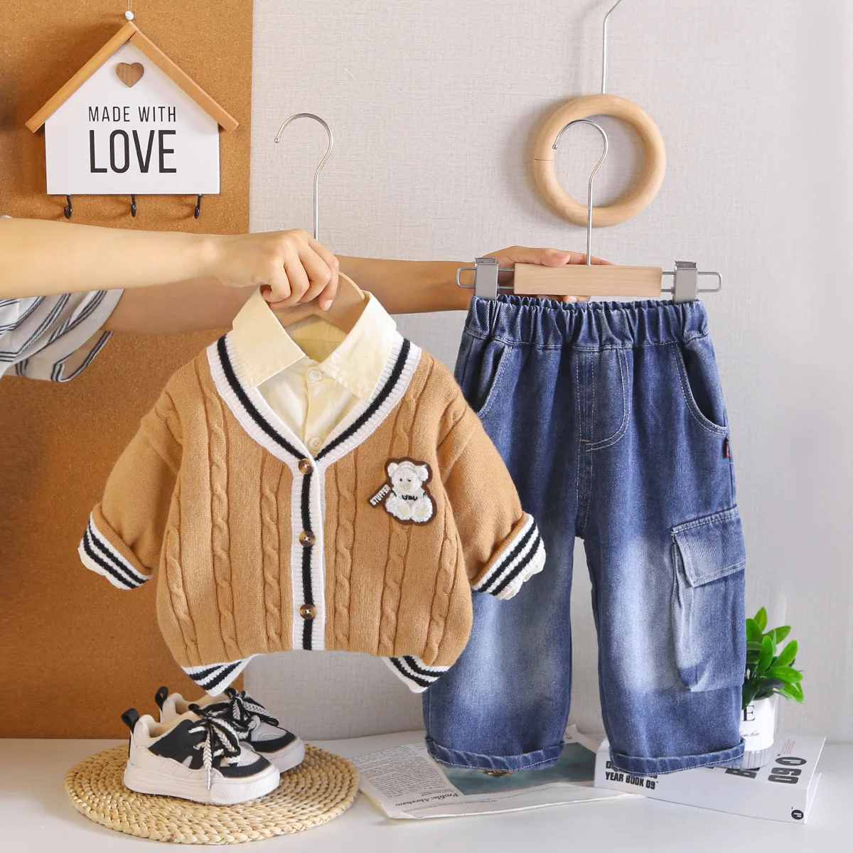 Toddler Boys 3 Piece Outfit Cute Cartoon Patchwork Knitted Cardigan + Lapel Shirt + Cargo Pants Kids Spring Autumn Clothing Set