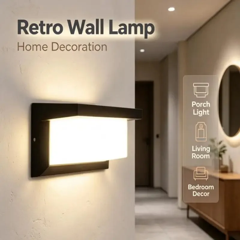 Vintage Porch Wall Light, Rectangular Sconce with Black Frame, White Diffuser and Warm Glow for Living Room Bedroom Courtyard