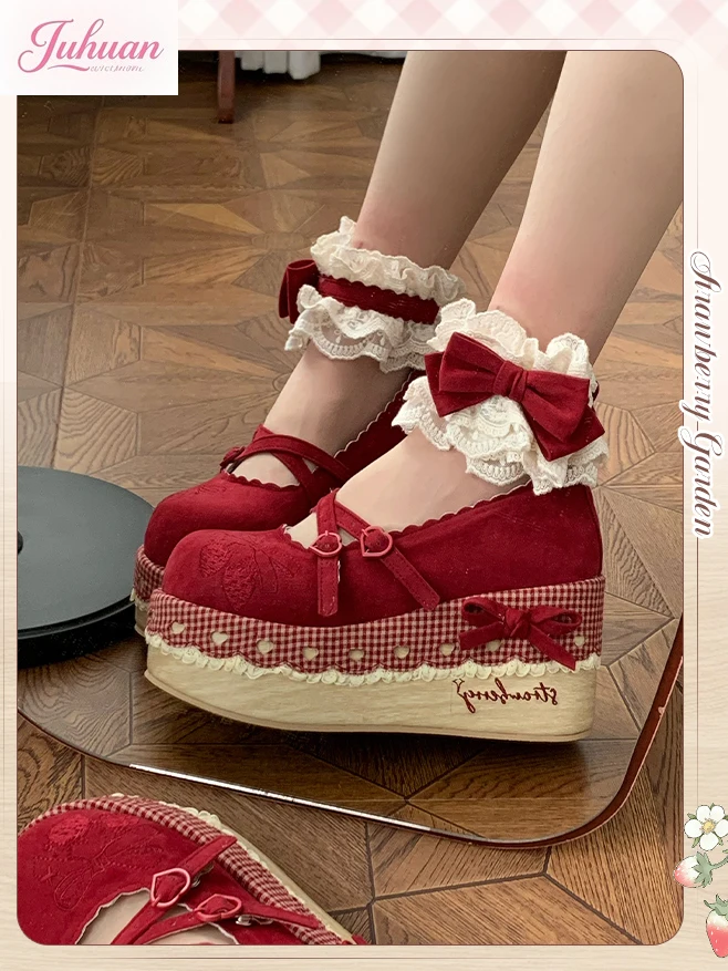 

Japanese Sweet Burgundy Strawberry Garden Wood Grain Platform Shoes Soft Girl Idyllic Lolita Cute Bow Muffin Single Shoes Women