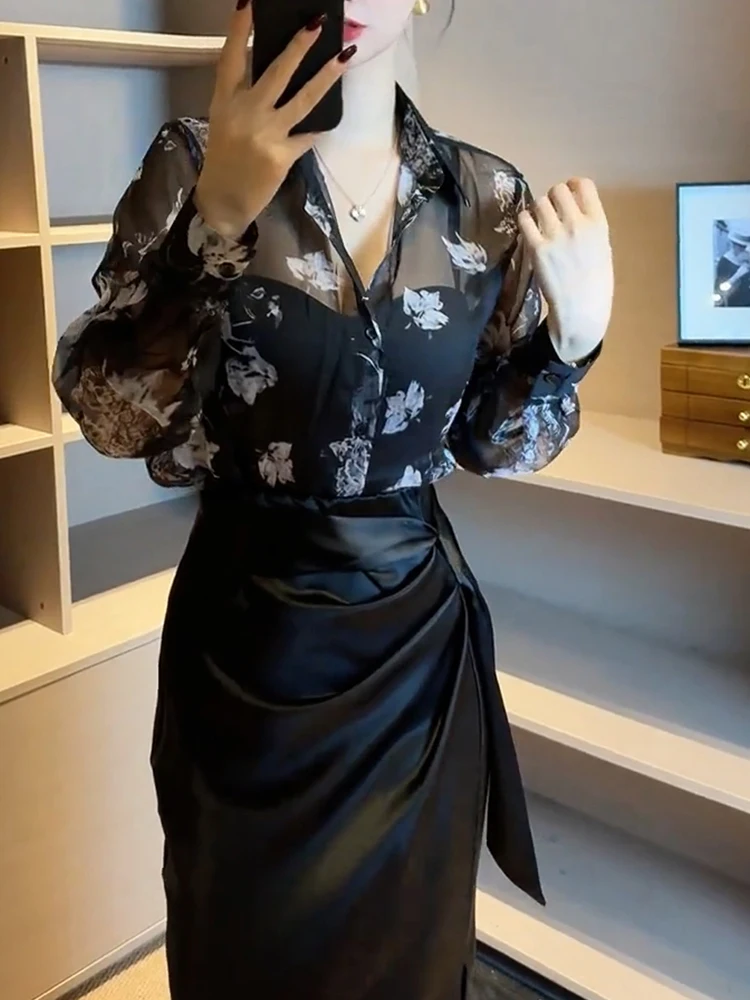 

Ele Bla Long Sve irt for Women Commute Faion Versatile High-End Spring 2025 Office Wear Sli Top