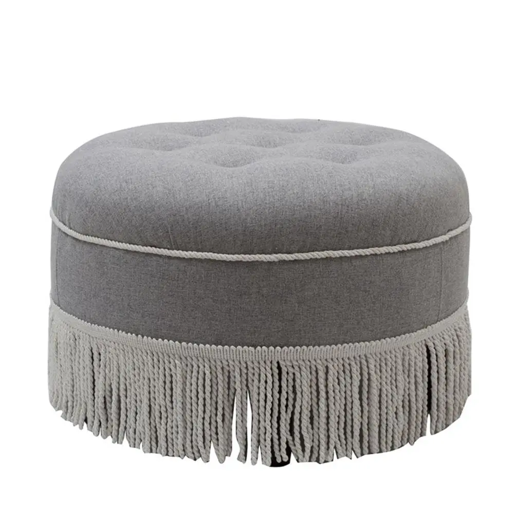 Round Ottoman Polyester 16 in Height 24 in Diameter Tufted Fringe Medium Firm Living Room Footrest Seating, Customized