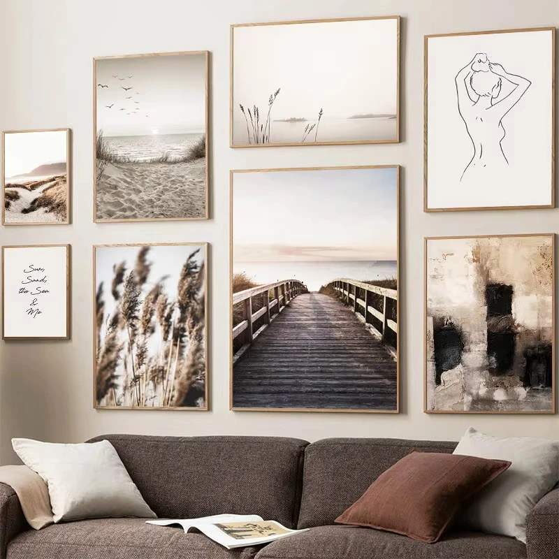 Scandinavian Nature Landscape Canvas Painting Nordic Wall Art Grass Bridge Beach Sunset Poster Print Modern Pictures Home Decor