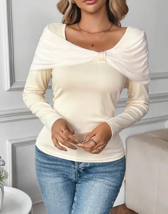 

2025 Spring and Autumn New Gentle Light Mature Top Shawl Long Sleeve Solid Color Slimming T-Shirt