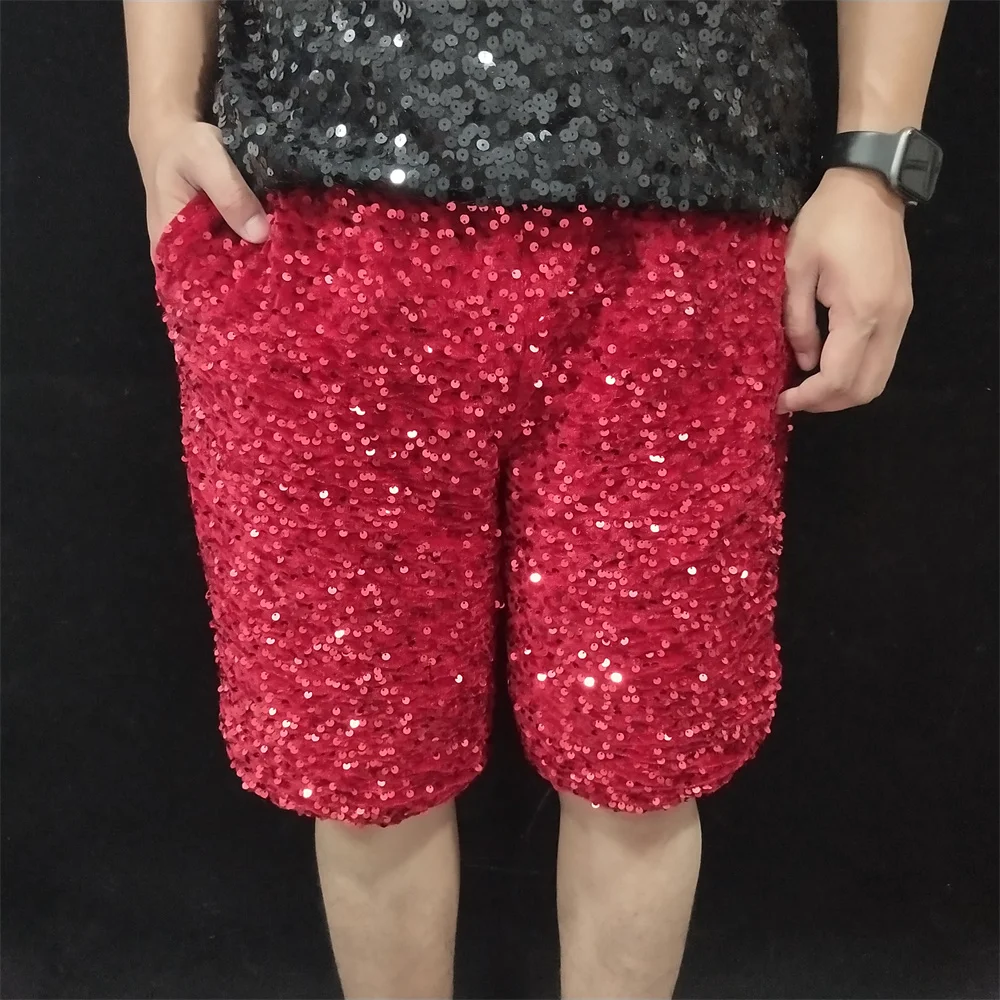 Pantaloncini con paillettes in velluto maschile per festa di carnevale, pantaloni casual larghi con specchio laser rosso, bar, discoteca, cantante, costume da spettacolo teatrale