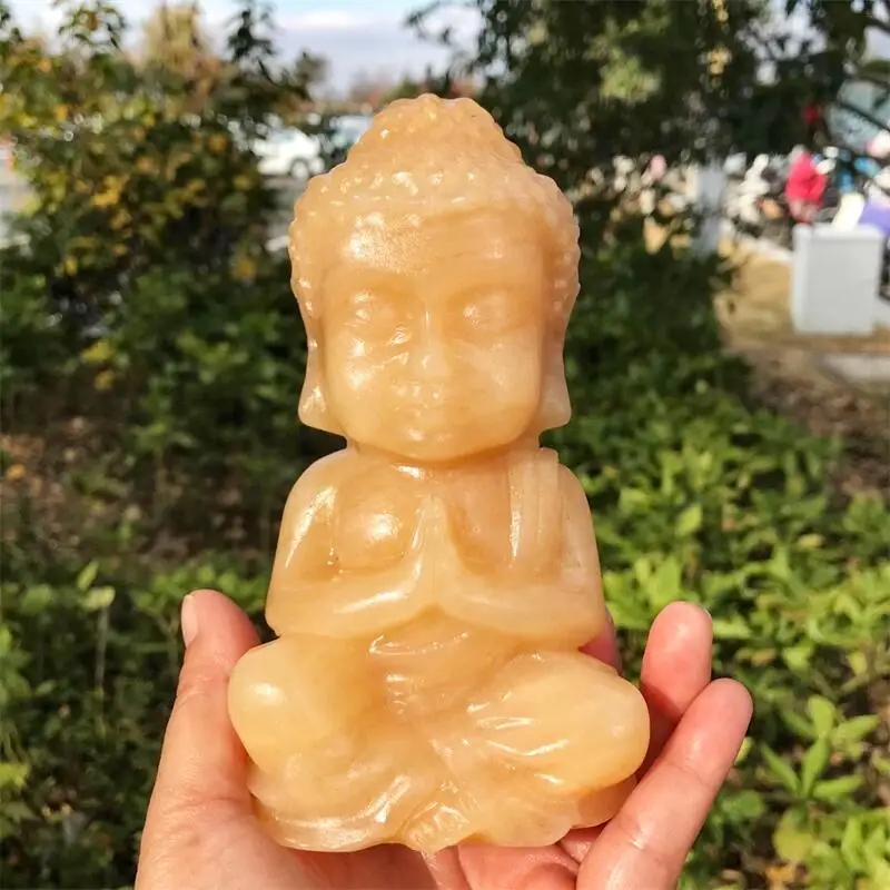 15cm Natural Yellow Calcite Crystal Buddha Carving Figurine Ornament Feng Shui Craft Home Decor Stone 1pcs