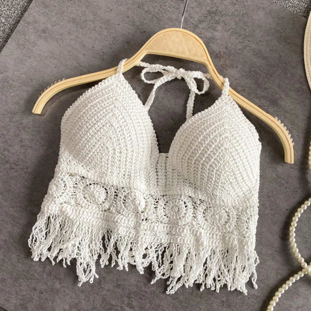 Hot New Comfortable Tops Women Crop Size Halter Swimsuit Solid Color Tassel Tank Women Crochet Knit Acrylic