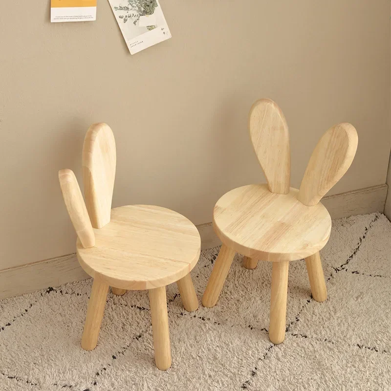 Rabbit Ears Small Chair Children Cartoon Solid Wood Stool Household Shoeshine Stool Children Backrest Household Furniture