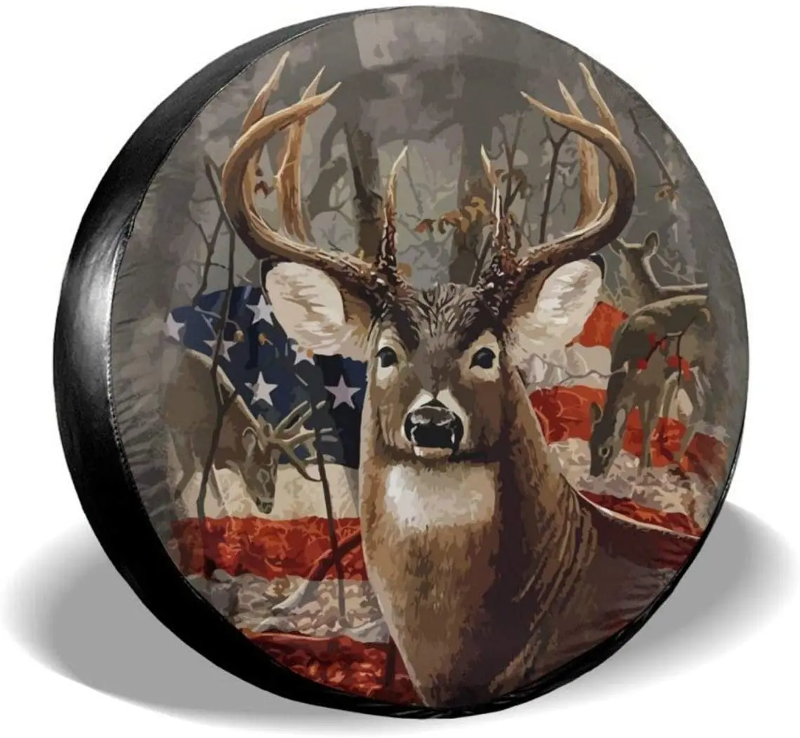 

cozipink Deer American Flag Rv Spare Tire Cover for RV Trailer, Wheel Covers for Trailer Tires Weatherproof Universal for Traile