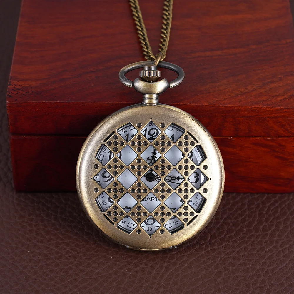 Hollow quartz square grid pocket watch flip quartz watch men and women students retro pocket watch trend