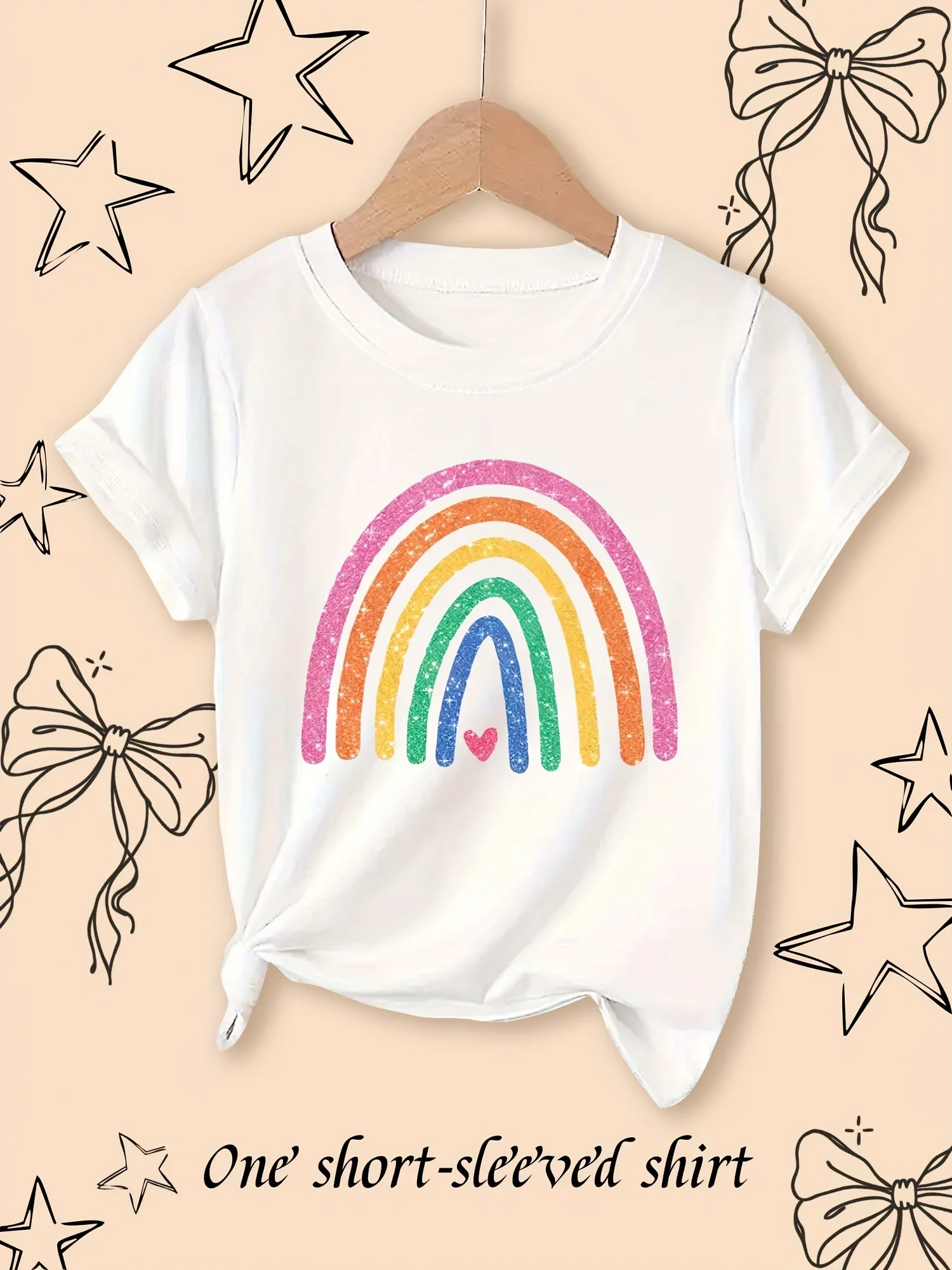 Ins Children's Clothing Girls Summer Short-Sleeved Rainbow Heart Print Short Home Casual Outing Versatile Tops Suitable for 3-10 Years Old Clothes