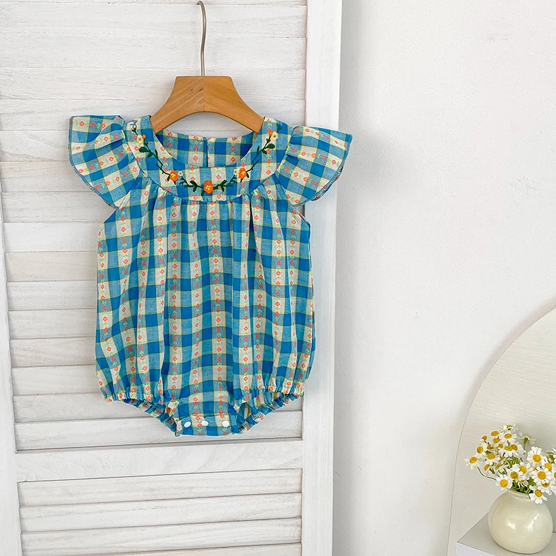 ملابس صيفية للأطفال البنات رومبير مطرز لحديثي الولادة شبكة زرقاء من القطن بأكمام طائرة ملابس أطفال من عمر 0 إلى 24 شهرًا ملابس بناتي #1