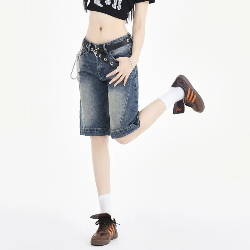 GUUZYUVIZ-American Retro Blue Denim Shorts for Women, Low Waist, Oversized Straight Biker Jeans, Summer Streetwear, Y2k, 2021