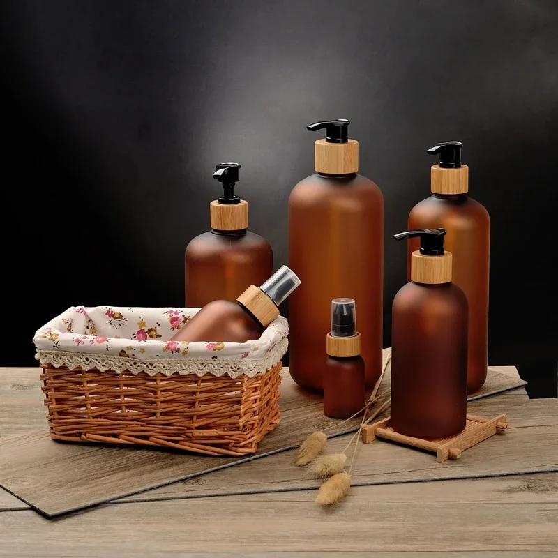 

Plastic Cosmetic Container Cream Jar With Bamboo Wooden Lids Brown Face Cream Amber Scrub Body Butter Cream Jar with Bamboo Lid