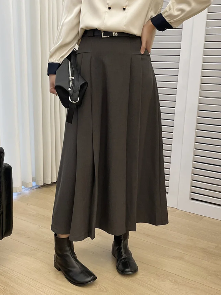 Korean Chic High Waist Solid Color Belt Skirt Fashion All Match Vintage Coffee Long Skirts Women 2024 Spring Summer X770