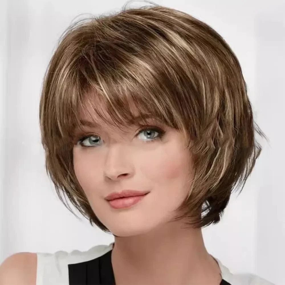 

Layered Synthetic Headband Style Simulated Wig Fluffy Diagonal Bangs Brown Short Hair