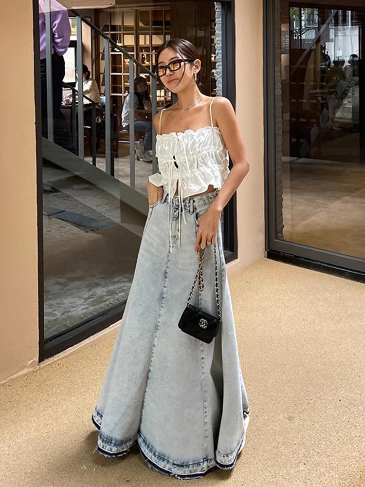 

Retro High Waist Waed Denim A-Line Skirt for Women Chic Summer Versatile Slimming Patchwork Hemline Commute Sle Long...