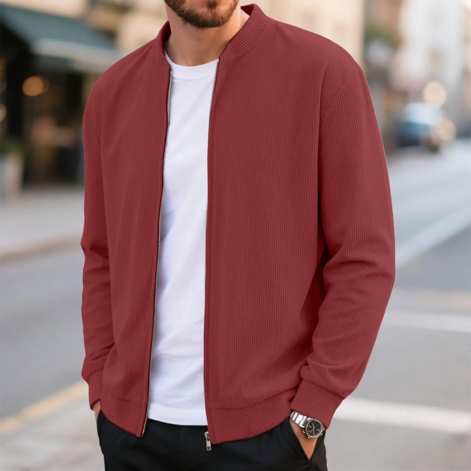 Men'S Casual Coat Corduroy Solid Color Round Neck Zipper Long Sleeve Insulated Jackets Spring Autumn Coat For Mens Fashion