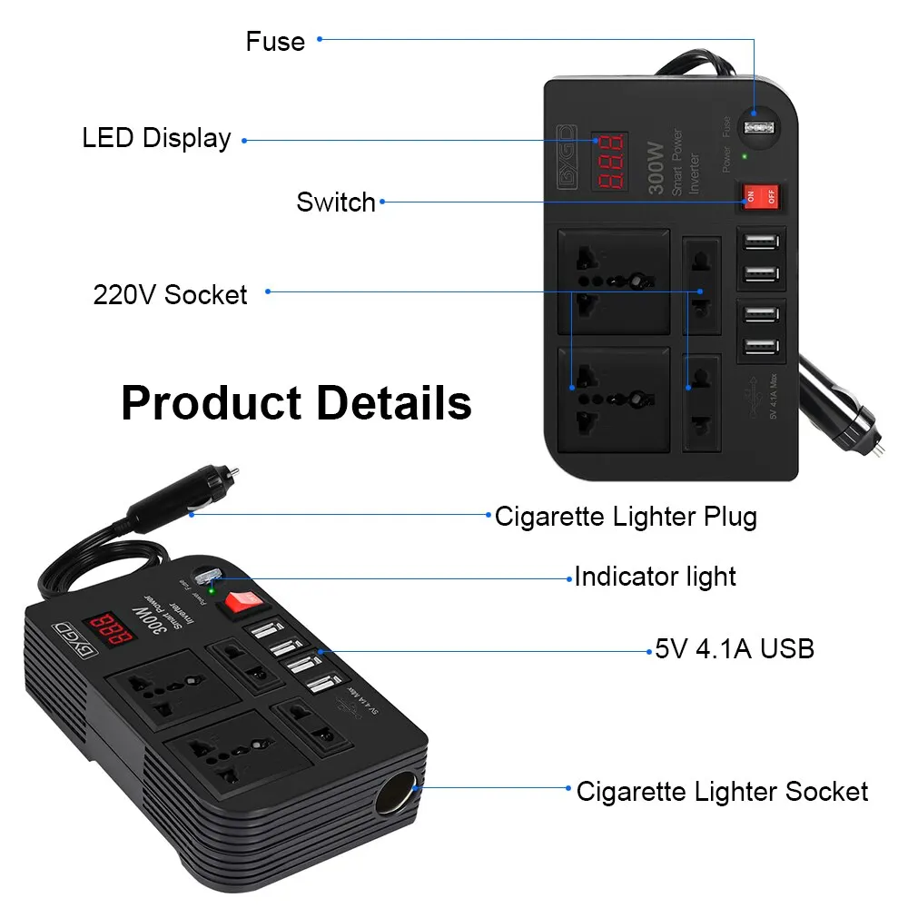 Overload Protection Car Inverter 4 AC Sockets 4 USB Ports ON/OFF Switch With Fuse 300W DC 12V to AC 220V Converter Power Adapter