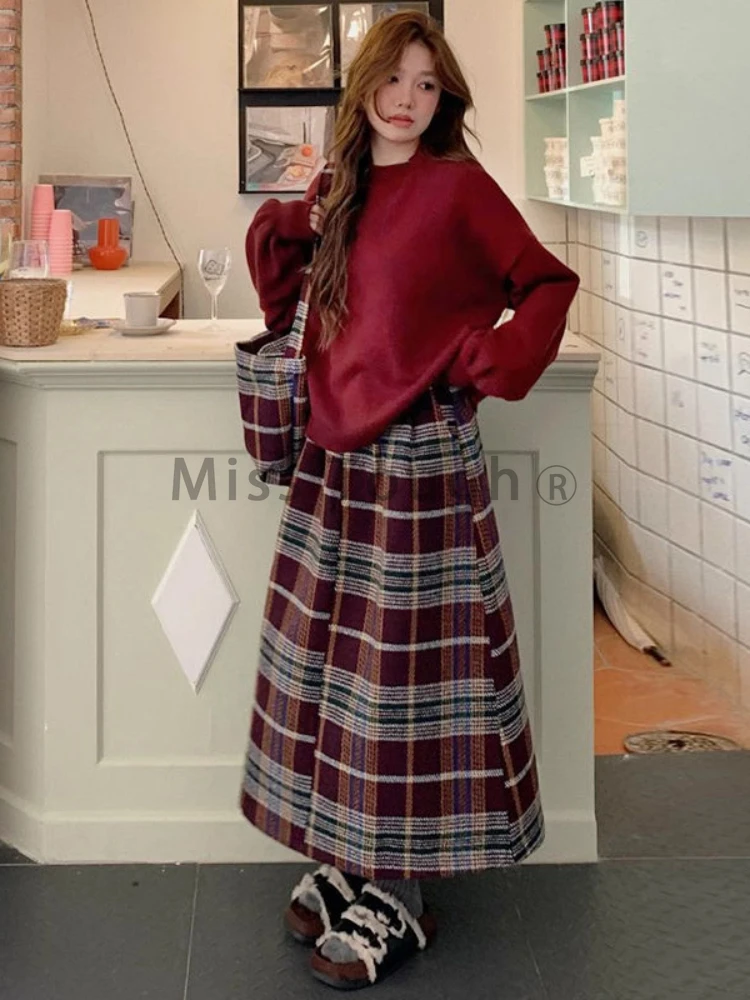 Harajuku Red Sweet Two Piece Set Women Preppy Style Elegant Plaid Midi Skirt Sets Female Korean Slim Casual Suit 2024 Winter New