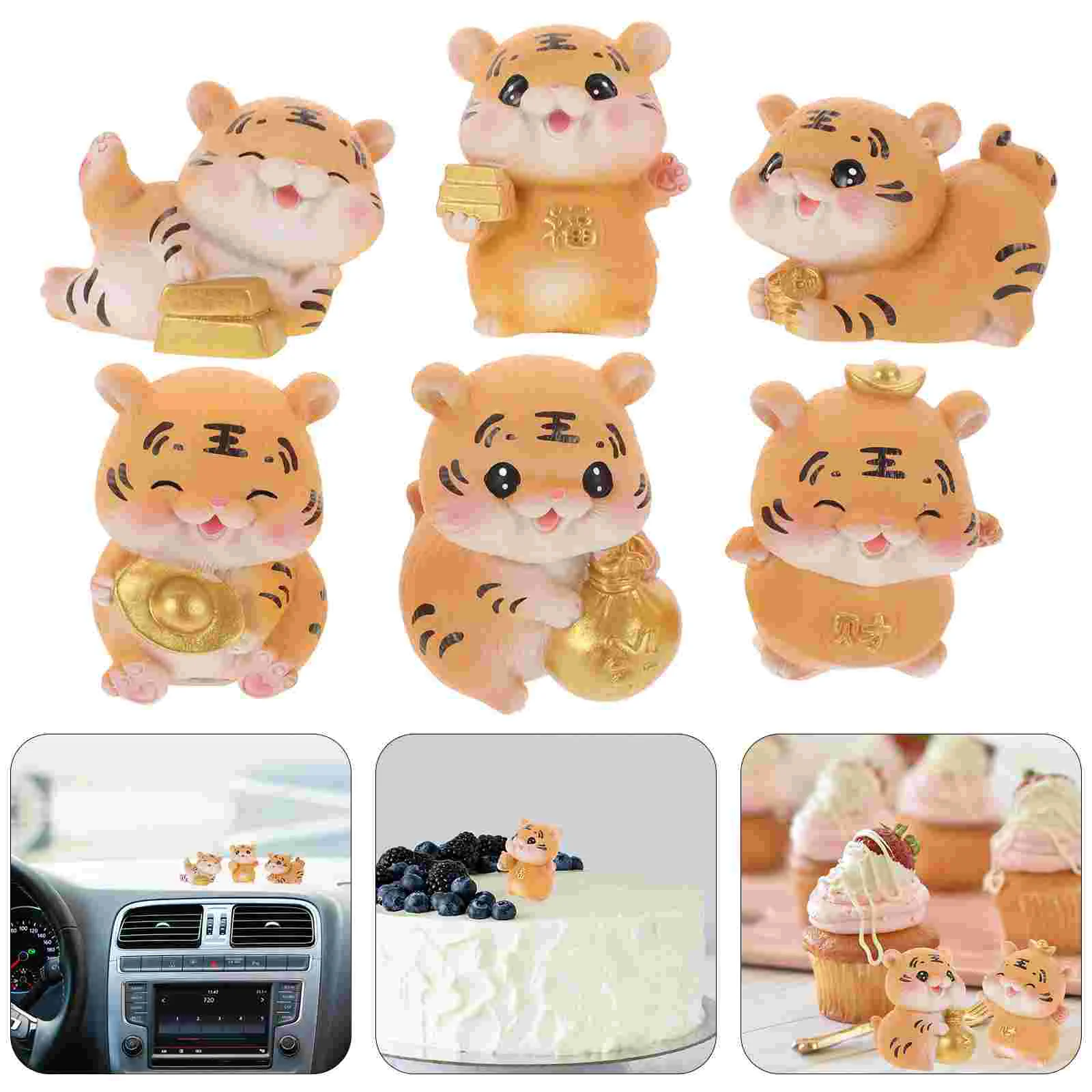 

6 Pcs Lucky Tiger Ornament Cartoon Decorations Desktop Adornments The Animal Number Statues Resin Ornaments Child